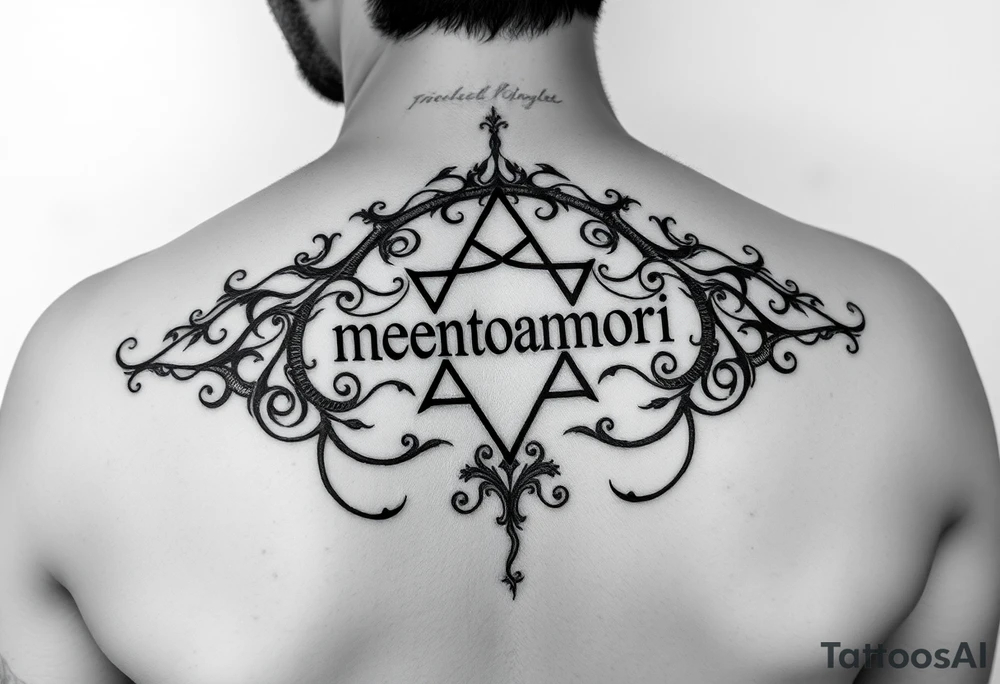 Can you please design a tattoo of an ambigram combining the phrase “memento mori” and “this shall pass” tattoo idea