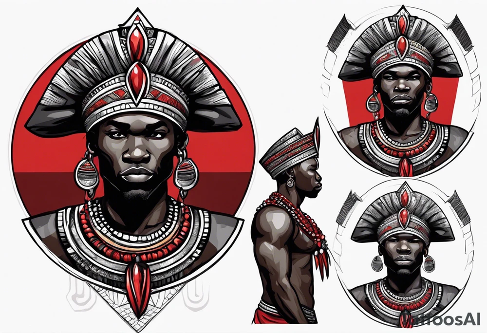 african warrior with a small silver crown and a red necklace tattoo idea