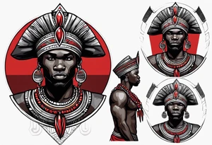 african warrior with a small silver crown and a red necklace tattoo idea