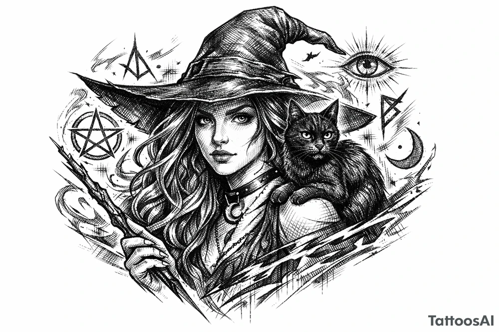 Young witch with flowing hair, a black cat perched on her shoulder, surrounded by glowing magical runes. tattoo idea