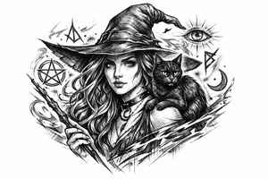 Young witch with flowing hair, a black cat perched on her shoulder, surrounded by glowing magical runes. tattoo idea