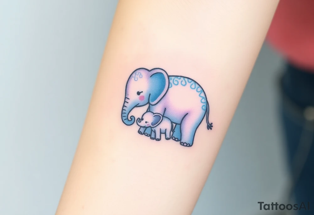 A mother elephant  with her baby holding her tail, with soft blues and purples representing wisdom and protection. tattoo idea