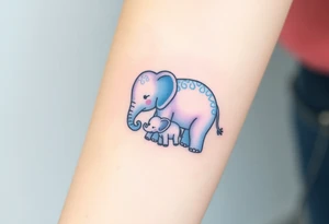A mother elephant  with her baby holding her tail, with soft blues and purples representing wisdom and protection. tattoo idea