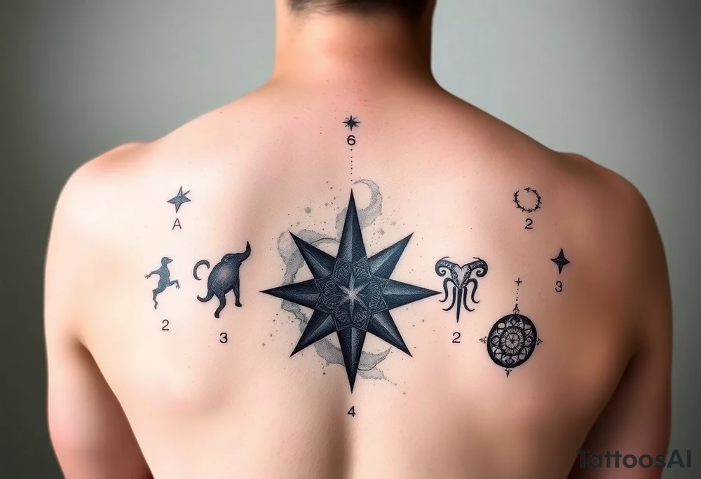 Back piece artistic water color constellations for family members: Scorpio (x2) Taurus, Aries (x2), leo. Star only tattoo idea