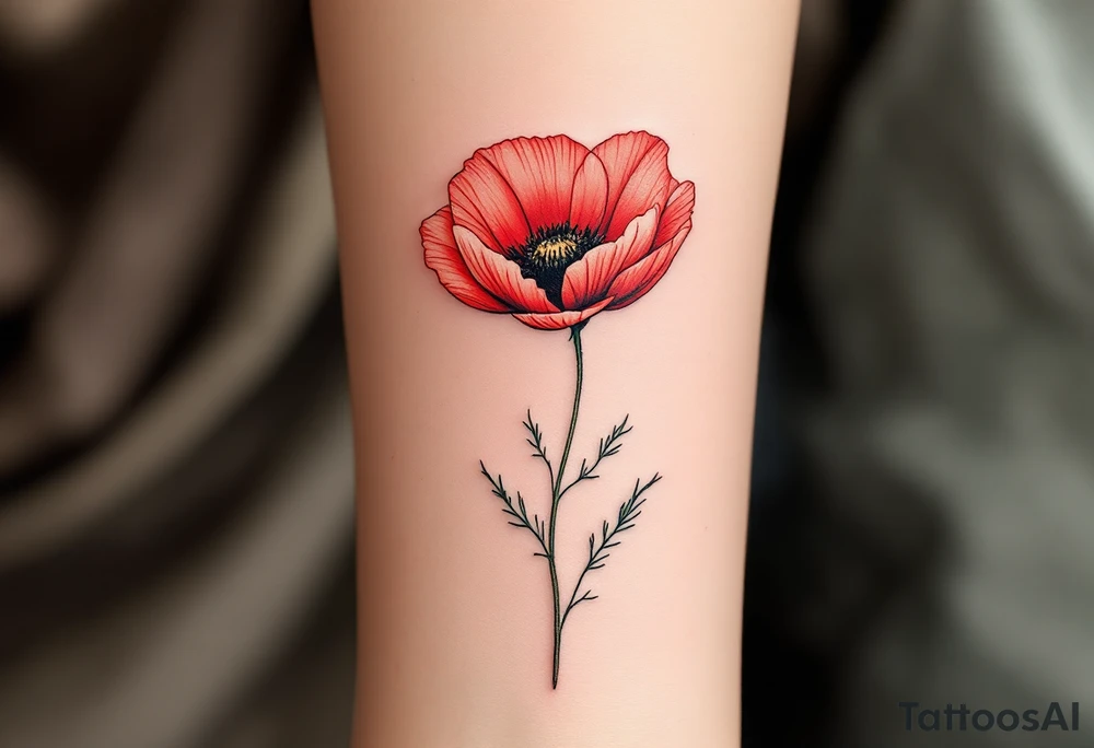 A single poppy flower with delicate, fine linework, featuring a vibrant red bloom with soft black shading at the center. The petals are light and flowing, giving the flower a gentle, airy appearance. A subtle green stem and a few slender leaves add a touch of natural elegance, while the overall design is minimalist, focusing on the beauty of the poppy in its simplest form. tattoo idea