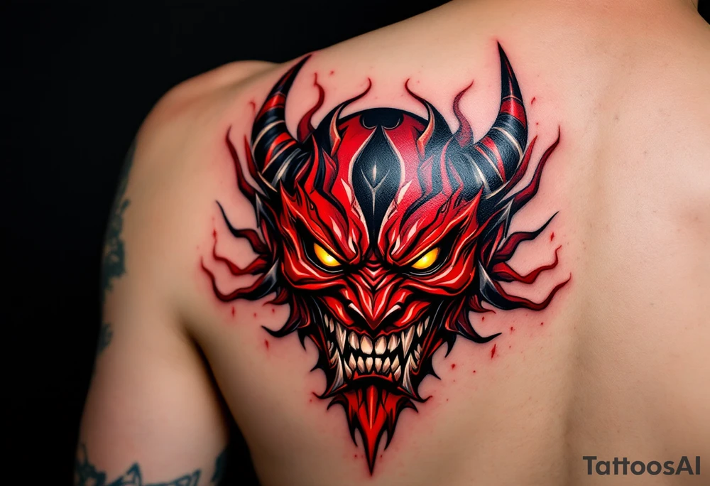 A fierce Hannya mask in deep red and black, with glowing yellow eyes and sharp horns. tattoo idea