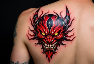 A fierce Hannya mask in deep red and black, with glowing yellow eyes and sharp horns. tattoo idea