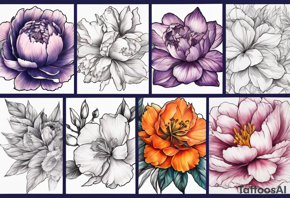 full sleeve of floral tattoos. pink peony in center. purple gladiolus flower, red hawthorn, orange marigold, navy blue sweet pea, and white paper white narcissus tattoo idea