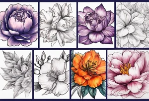 full sleeve of floral tattoos. pink peony in center. purple gladiolus flower, red hawthorn, orange marigold, navy blue sweet pea, and white paper white narcissus tattoo idea