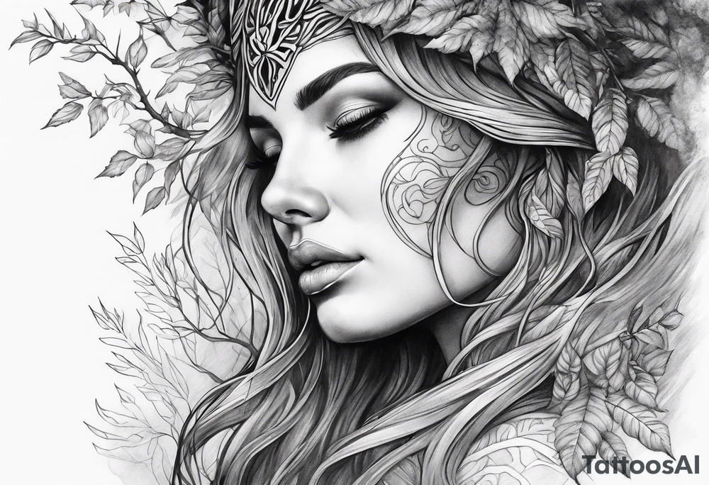 Forest goddess looking down side profile tree branches forming into her face middle arm sleeve tattoo idea