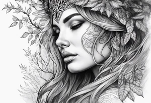 Forest goddess looking down side profile  tree branches forming into her face middle arm sleeve tattoo idea