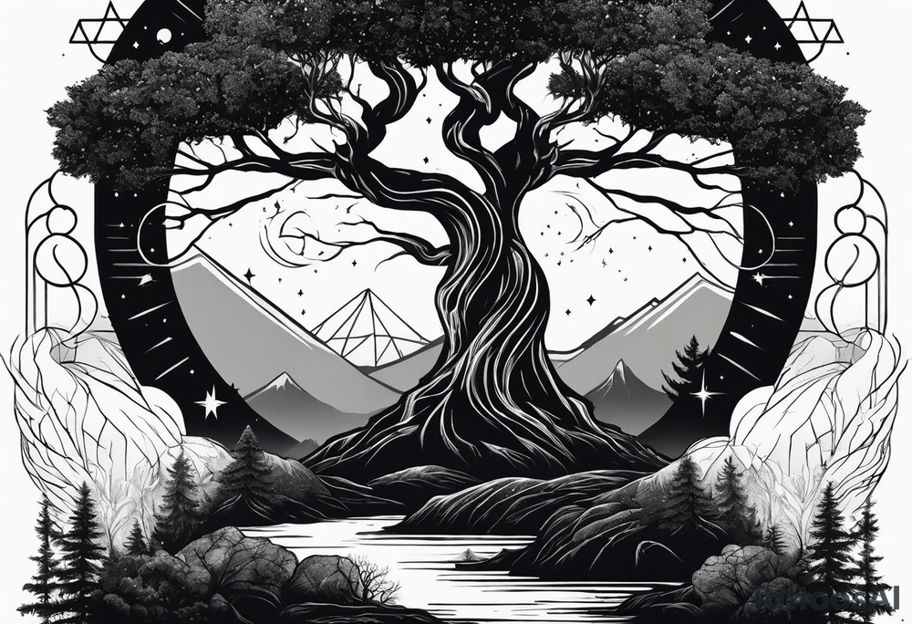 nature vs space with yggdrassil in triangle tattoo idea