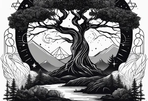nature vs space with yggdrassil in triangle tattoo idea