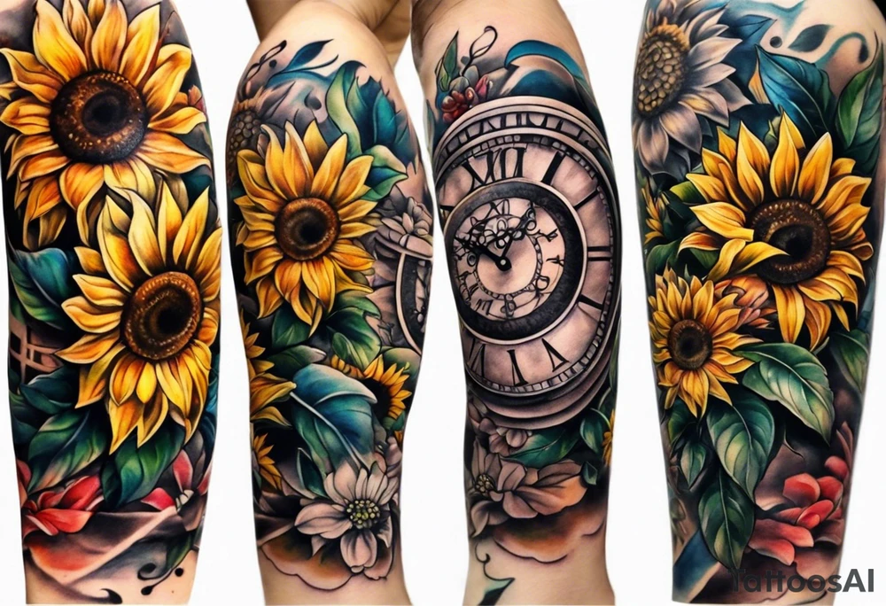 Arm sleeve Foral sunflower and roman numeral tattoo idea