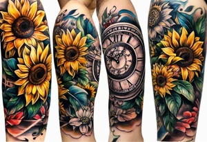 Arm sleeve Foral sunflower and roman numeral tattoo idea