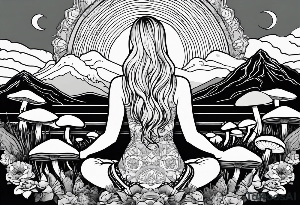 Straight blonde hair girl meditating facing away toward mountains surrounded by mushrooms crescent moon mandala circular design black and white striped dress tattoo idea