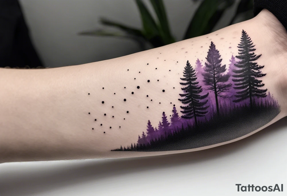 forest, abstract, on hand, no people, purple and black, full, whole wrist wrapped, filled, blackwork tattoo idea