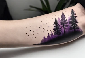 forest, abstract, on hand, no people, purple and black, full, whole wrist wrapped, filled, blackwork tattoo idea