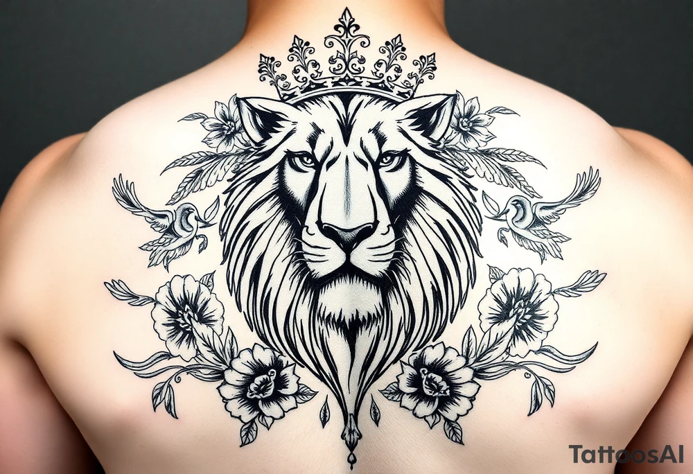 powerful majestic lion with a crown, surrounded by floral ornaments and birds tattoo idea