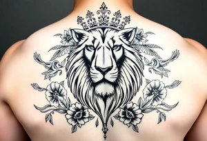 powerful majestic lion with a crown, surrounded by floral ornaments and birds tattoo idea