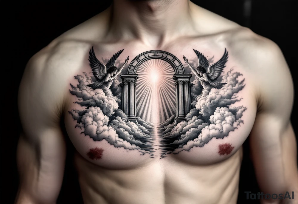 gates of heaven surrounded by angels clouds and rays of light tattoo idea