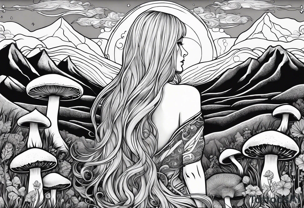 Blonde long straight hair older woman no makeup surrounded by mushrooms facing away mountains crescent moon background tattoo idea