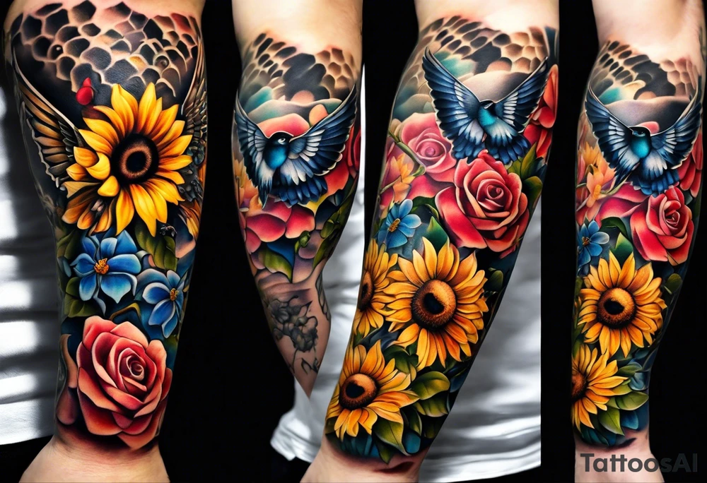 A lower forearm sleeve full colour coming down from a bicep with flowers joined with honeycombs, Mandela flowers, sunflowers, chickadee bird, humming bird, and owl.  Sweet pea and honey suckle flowers. tattoo idea