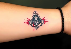 Assassins Creed emblem with Ezio hooded character with blood splashes tattoo idea