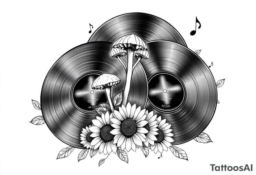 two overlapping vinyl records with mushrooms, sunflowers, and music notes tattoo idea