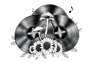 two overlapping vinyl records with mushrooms, sunflowers, and music notes tattoo idea