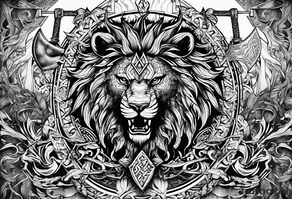 Valhalla sword shield  axe lion dragon 
Valknut barbed wire chains tattoo idea