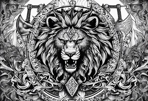 Valhalla sword shield  axe lion dragon 
Valknut barbed wire chains tattoo idea