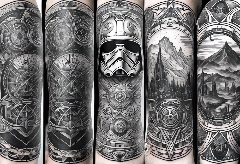 Full arm sleeve tattoo extending from shoulder to wrist featuring themes of Star Wars, Lord of the Rings, and DC comics tattoo idea