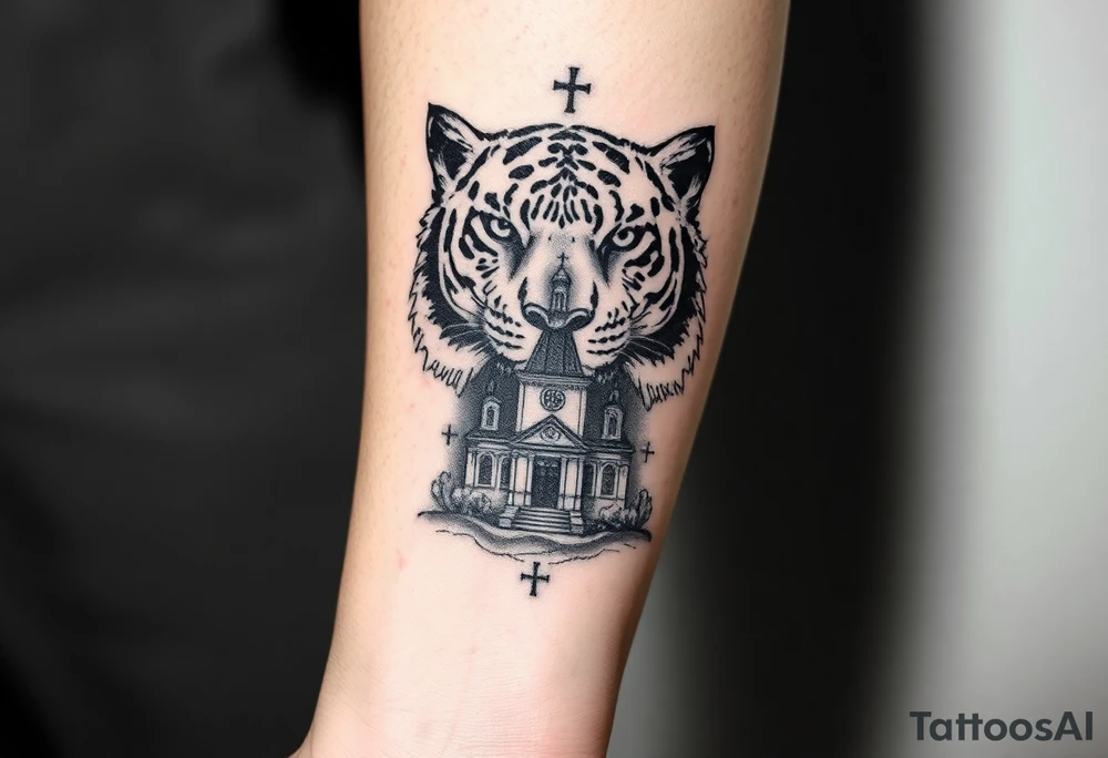 in a dorsal view of the hand and forearm a tiger face with black hollowed eyes, then above a orthodox church shrouded with a mist and fading into a virgin mary overlooking tattoo idea