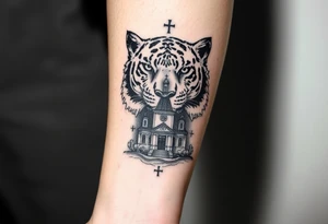 in a dorsal view of the hand and forearm a tiger face with black hollowed eyes, then above a orthodox church shrouded with a mist and fading into a virgin mary overlooking tattoo idea