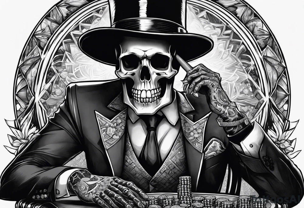 Skeleton in suit, with hat, sitting at the table, holding poker tokens tattoo idea holding cigar tattoo idea