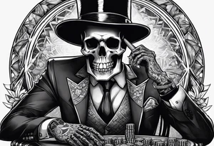 Skeleton in suit, with hat, sitting at the table, holding poker tokens tattoo idea holding cigar tattoo idea