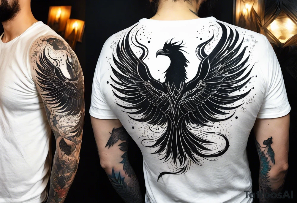 A full sleeve tattoo on ym rights arm 
showing A large phoenix over my shoulder  A person/angel flying through a starry night sky, Some witches or salem witch trial type imagery  a blacked out silhouette from a picture of my band after a show tattoo idea