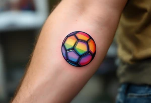 A rainbow-colored soccer ball representing inclusivity and pride in the sport. tattoo idea