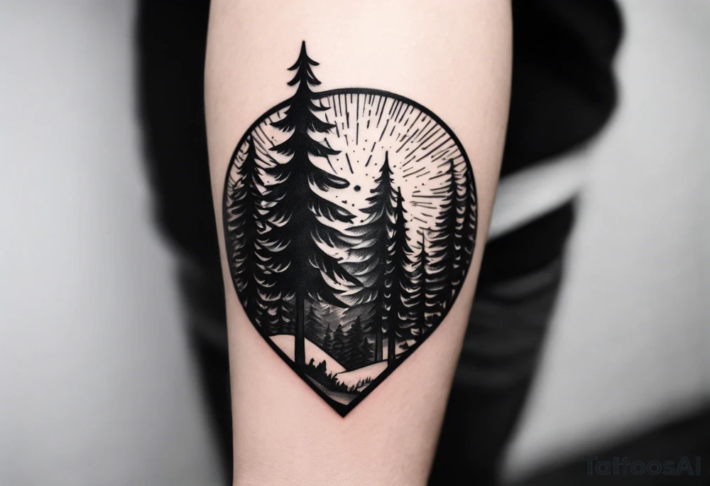 Tattoo with the words "see the forest for the trees" in any style font, around a tree in any way. black and white, tattoo, simple, elegant, pine tree, fine-line, easy to read tattoo idea