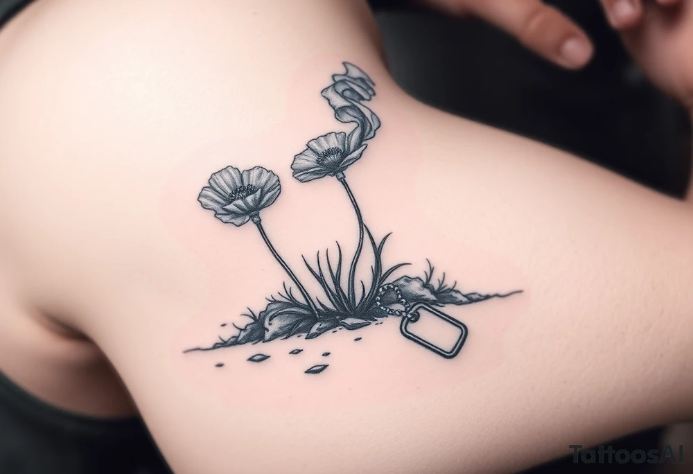 War zone with 2 poppy’s growing out of the smoke with dog tags laying on the ground tattoo idea