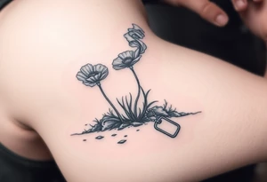 War zone with 2 poppy’s growing out of the smoke with dog tags laying on the ground tattoo idea