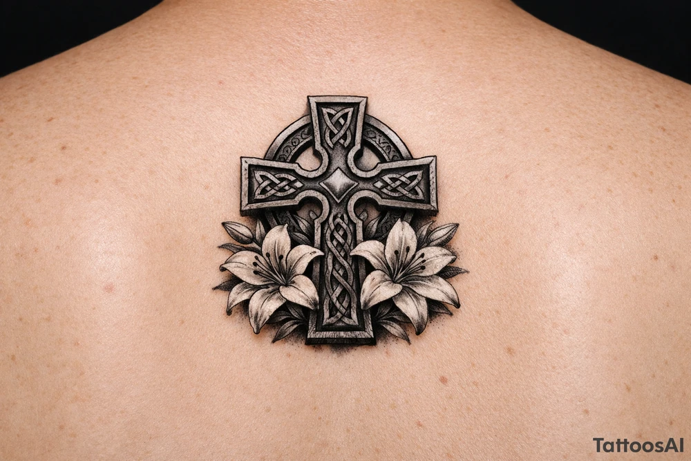 Celtic cross with Lillies memorial tattoo idea