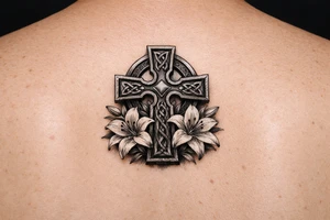 Celtic cross with Lillies memorial tattoo idea