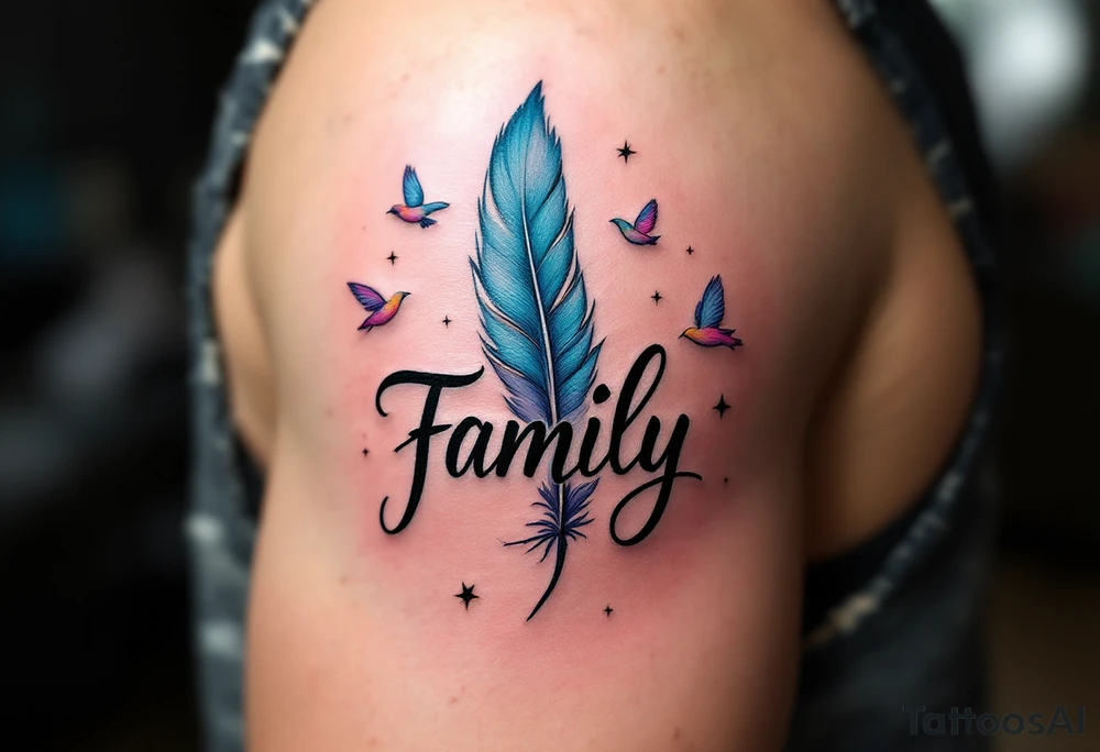 Family in a handwritten-style script, with a blue feather and soft pastel birds flying from it. tattoo idea
