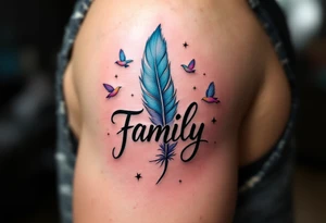 Family in a handwritten-style script, with a blue feather and soft pastel birds flying from it. tattoo idea