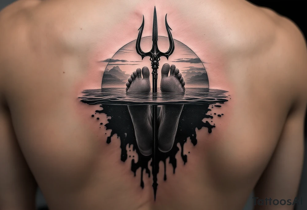 barefeet behind trident half way under water and sunset tattoo idea