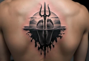 barefeet behind trident half way under water and sunset tattoo idea
