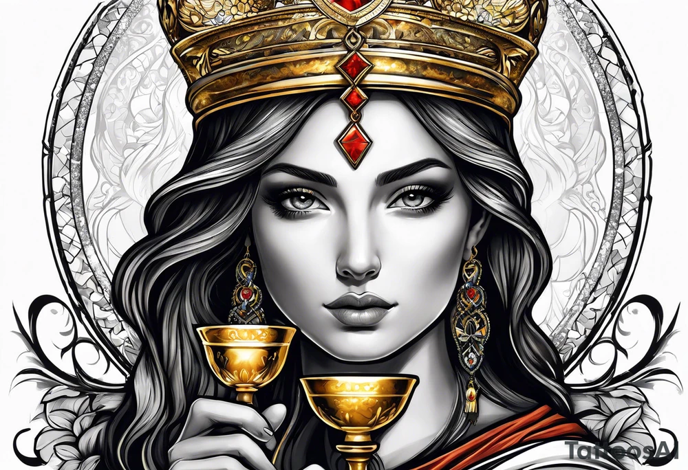 woman saint holding chalice surrounded by golden halo portrait tattoo idea