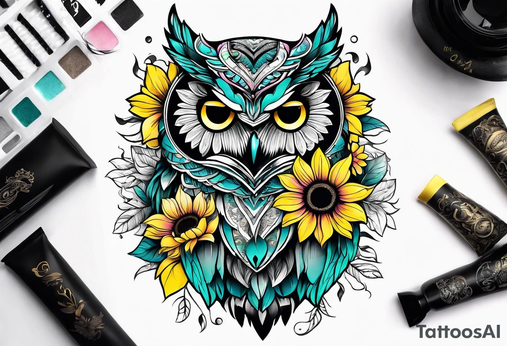 Sleeve with teal, pink and yellow owl and yellow sunflowers tattoo idea